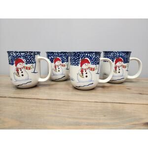Set of 4 Thomson Pottery Snowman Christmas Stoneware Coffee Mugs